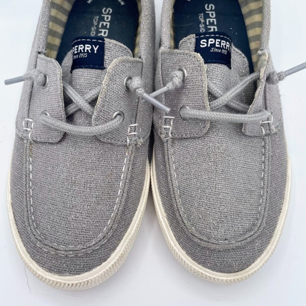 Sperry Lounge Away Boat Shoes Kids 2M Gray Glitter Canvas Slip On Good SCK162044